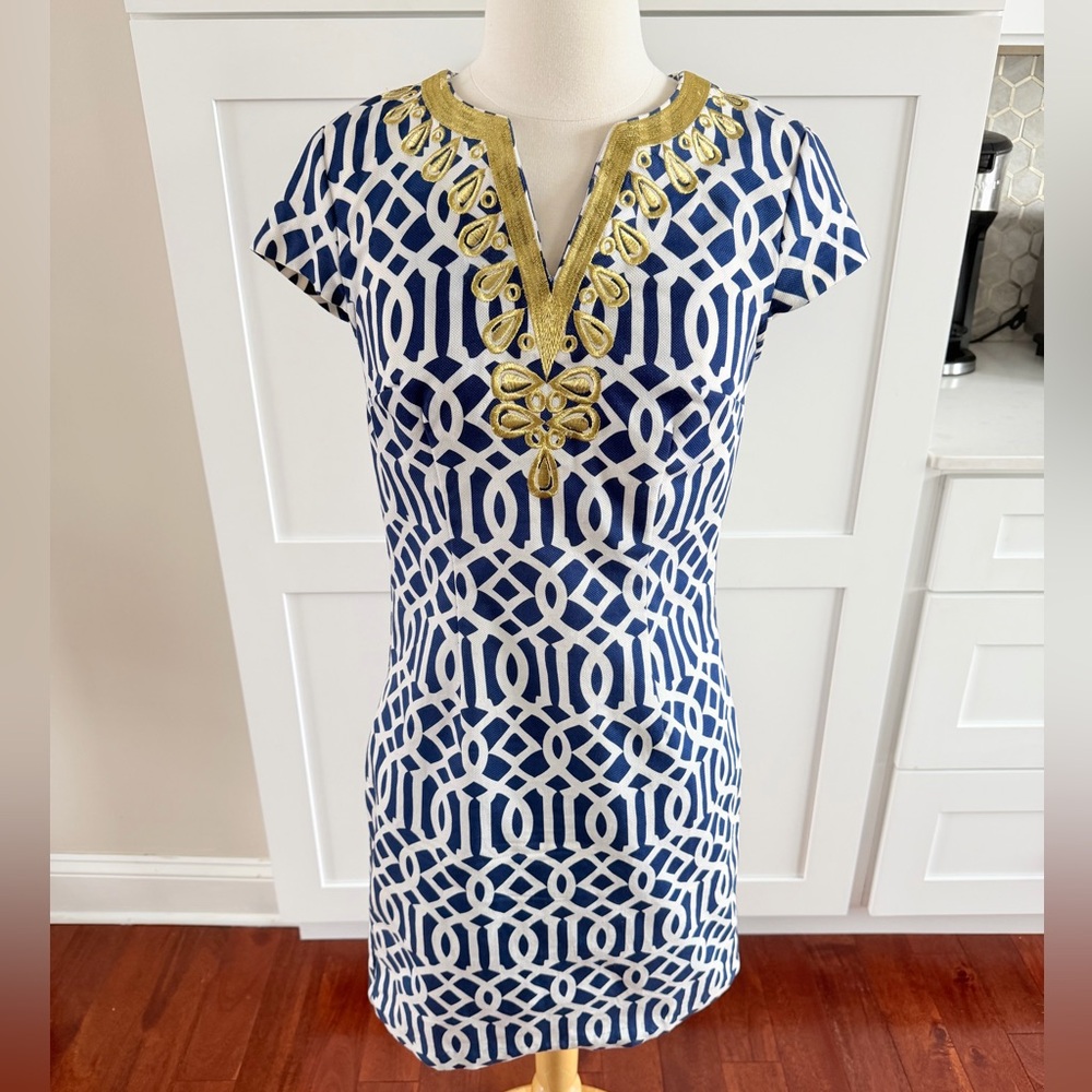 XS Mud pie Navy Blue White Gold Embroidered dress